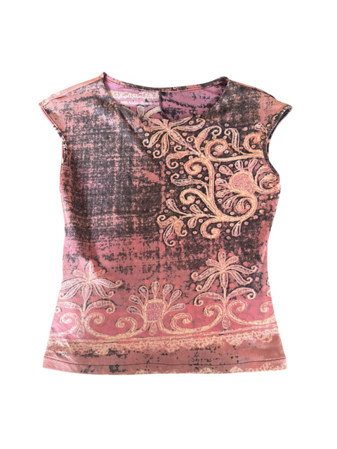 Vintage Pink Mesh Ornementale Print Top