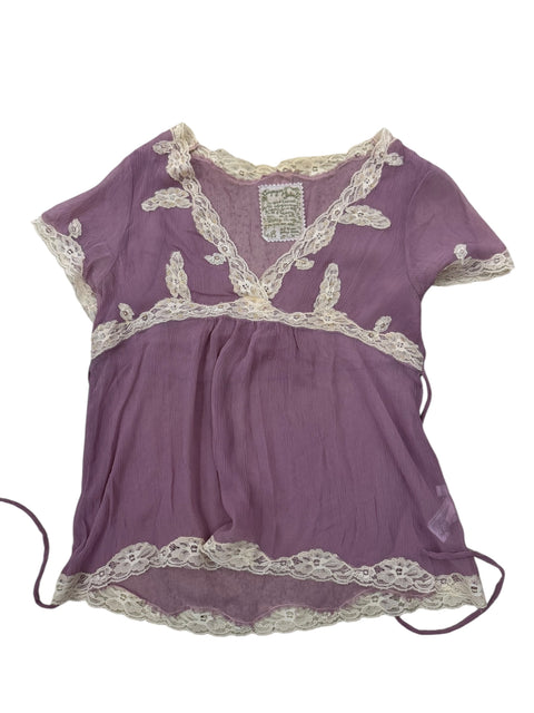 Vintage Purple Silk Effect White Lace Detail Top
