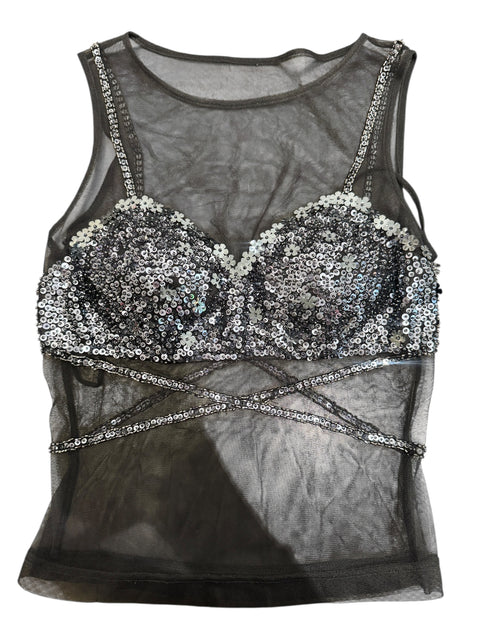Vintage Black Mesh Silver Strass Tank Top