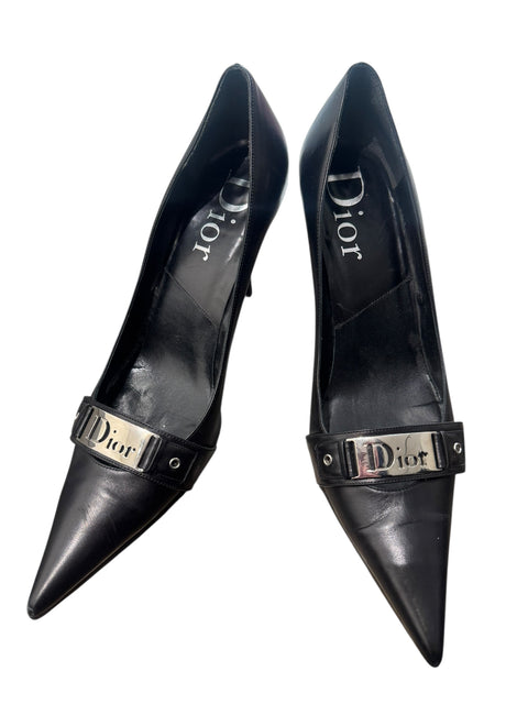 Dior Black Leather Metal Strap Heels