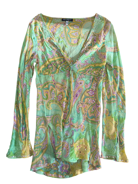 APART Green Yellow Print Sequin Detail Top
