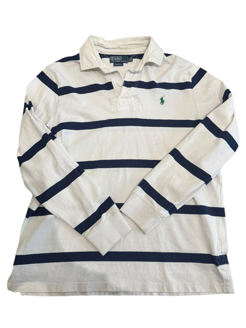 Ralph Lauren White Navy Blue Stripes Long Sleeve Polo