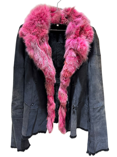 Armani Jeans Black Shearling Fuchsia Fur Collar Jacket