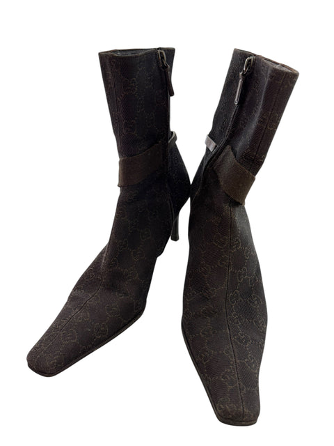 Gucci Brown Canvas Leather Details Boots Size 40