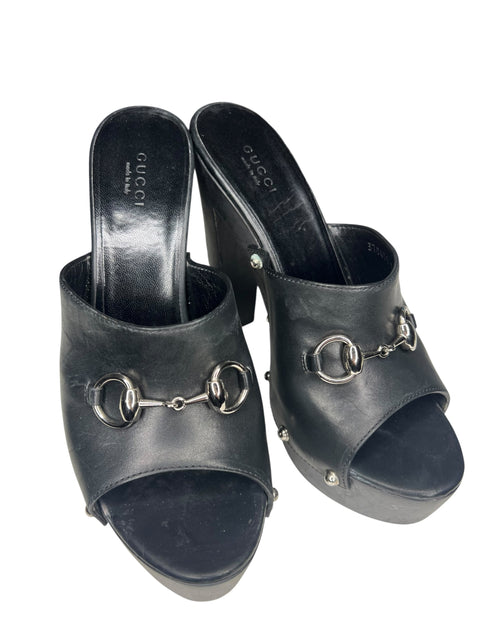 Gucci Black Leather Horse Bit Mules