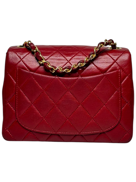 CHEZ SNOW BUNNY red quilted lambskin Chanel mini matelasse bag with gold chain strap