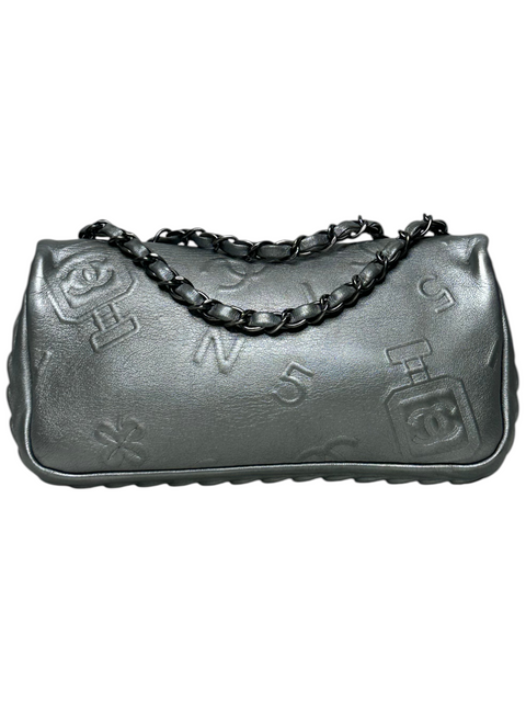 CHEZ SNOW BUNNY Chanel silver lambskin single flap bag with embossed No 5 perfume bottle logo and chain strap
