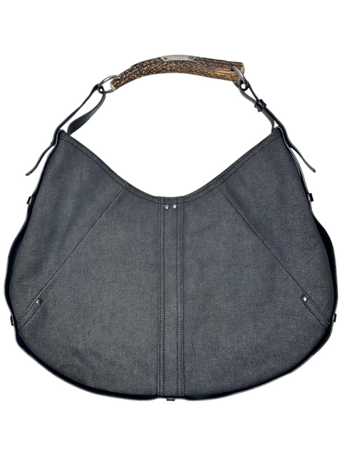 Sac à main Saint Laurent Mombassa en denim gris foncé avec anse en corne naturelle, proposé par CHEZ SNOW BUNNY.