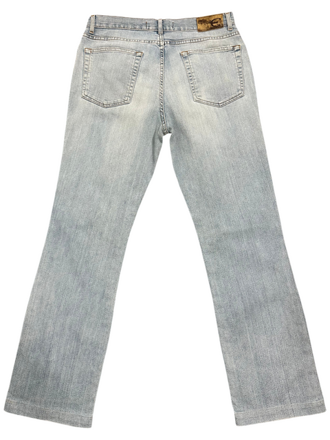 Jean vintage bleu clair Just Cavalli taille 44 EU avec patch en cuir au dos, vendu par CHEZ SNOW BUNNY