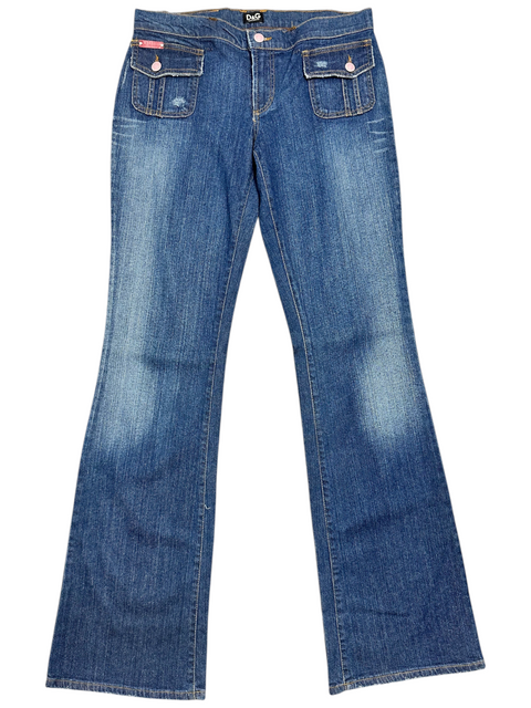 CHEZ SNOW BUNNY Dolce Gabbana blue denim flare jeans with front flap pockets and distressed detailing, size 42 EU.