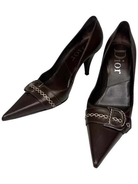 CHEZ SNOW BUNNY Dior brown leather pointed-toe heels with decorative stitching and silver buckle detail
