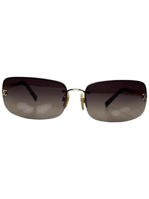 CHEZ SNOW BUNNY Chanel gold sunglasses with rectangular gradient lenses and iconic CC logo on the temples