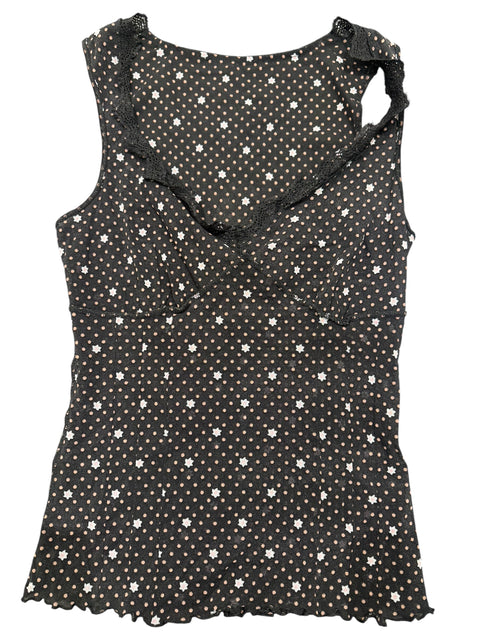 Vintage Black Mesh V-Neck Floral Print