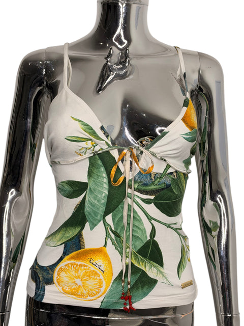 Haut à bretelles CHEZ SNOW BUNNY Roberto Cavalli blanc avec imprimé citrons et feuilles vertes, noué sur le devant