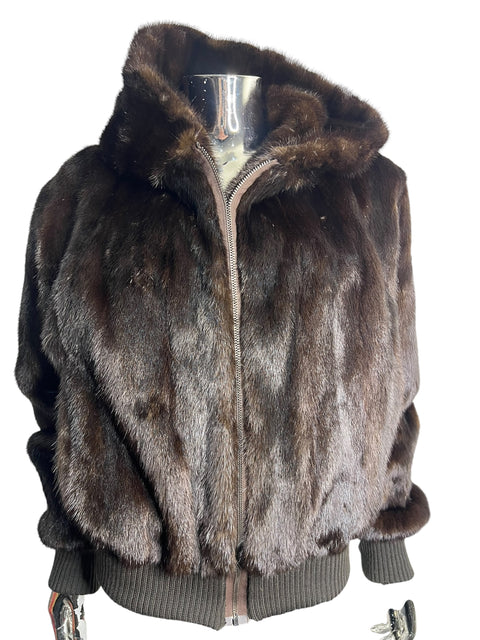 Vintage Dark Brown Hood Bombers Mink Fur