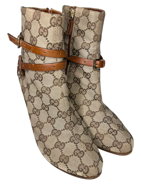 Gucci Beige Canvas Brown Leather Bit Boots
