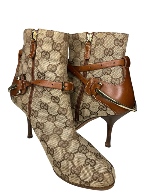 Gucci Beige Canvas Brown Leather Bit Boots