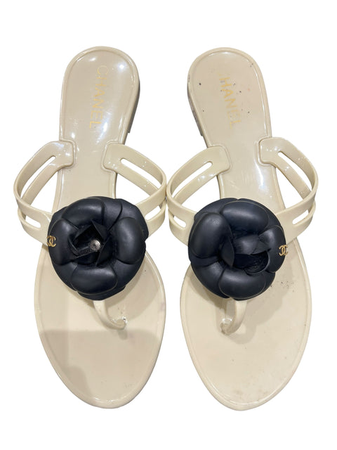 Chanel Ecru Black Camelia Sandal