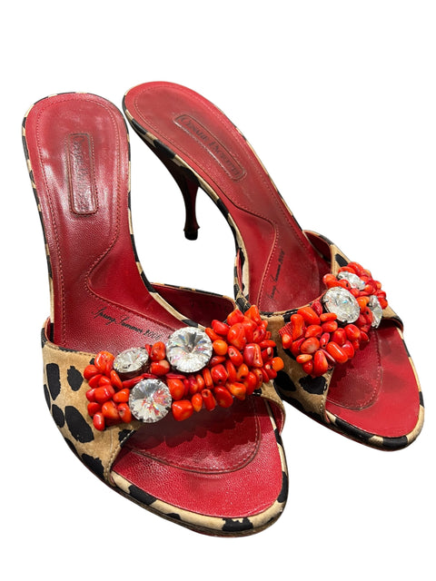 Cesare Paciotti Red Leopard Print Rhinestone Detail Heels