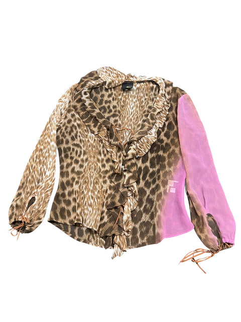Just Cavalli Leopard Pink Print Silk Ruffles Blouse