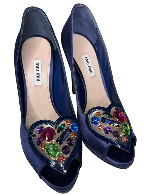 Miu Miu Navy Satin Heart Rhinestone Shoes T38