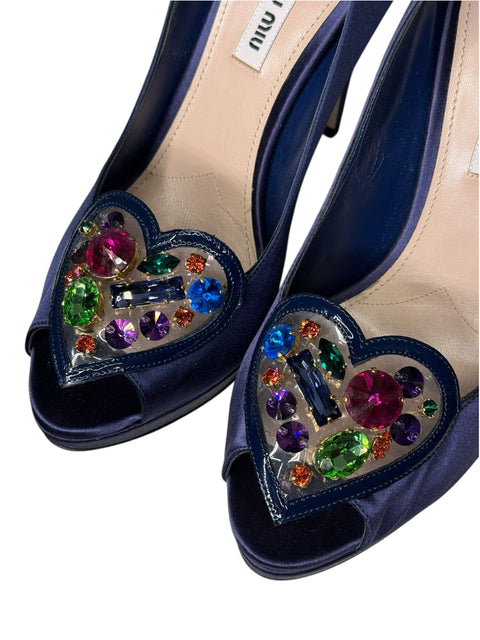 Miu Miu Navy Satin Heart Rhinestone Shoes T38