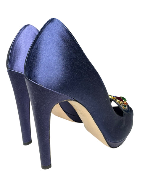 Miu Miu Navy Satin Heart Rhinestone Shoes T38