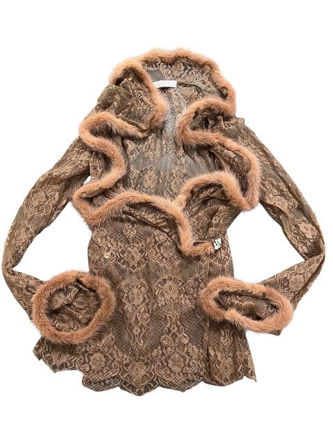 List Brown Lace Mink Fur Cardigan