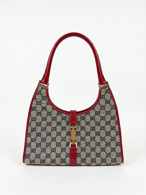 Gucci Jackie Red Trim Tan GG Canvas Shoulder Bag