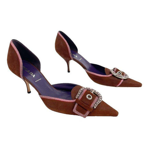 Prada Brown Pink Leather Buckles Shoes