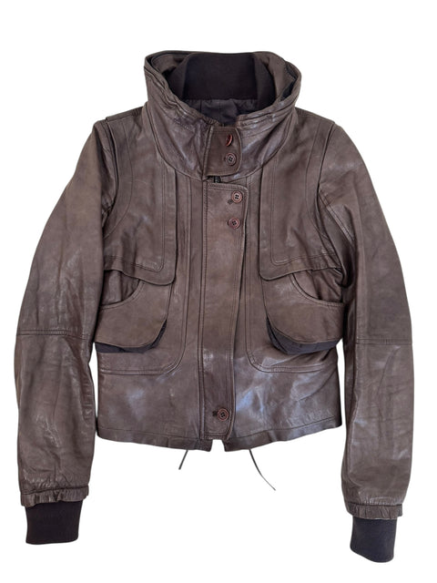 Vintage Brown Leather Jacket with Coton Collar