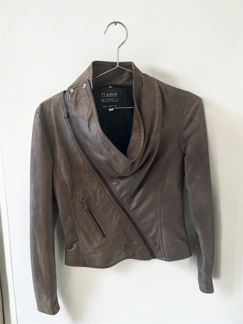 Leather Jacket Diagonal Zip Up Dark Grey