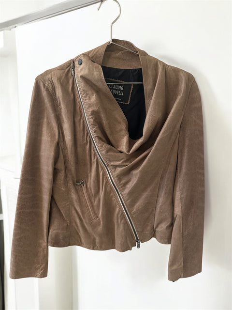 Leather Jacket Light Brown Diagonal Zip up