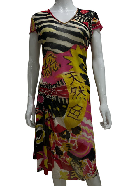 Kenzo Abstract Pink Yellow Print Mesh Dress