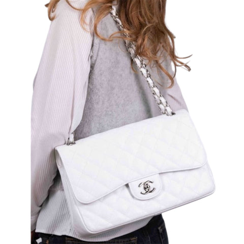 Chanel White Jumbo Classic Caviar