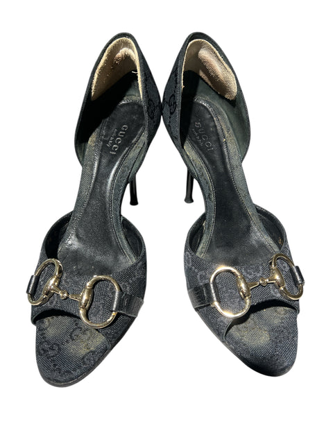Gucci Black Canvas Horsebit Heels