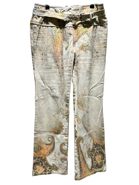Roberto Cavalli Ecru/Green Jean with Gold and Belt Detail Pant