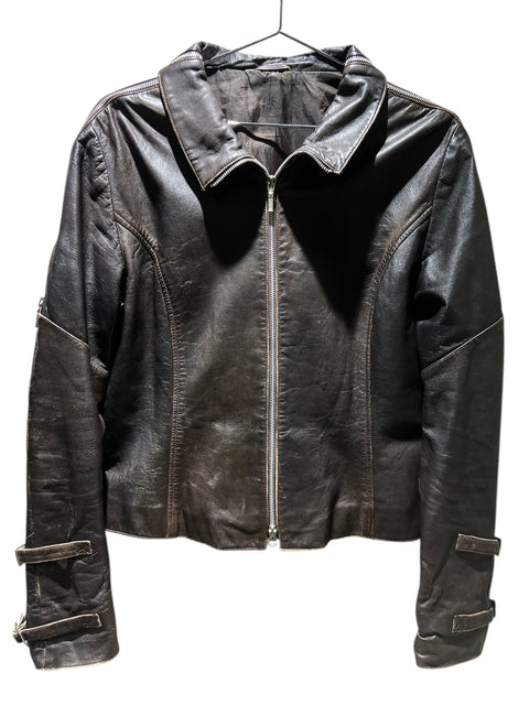 Vintage Brown Leather Zip Details Jacket