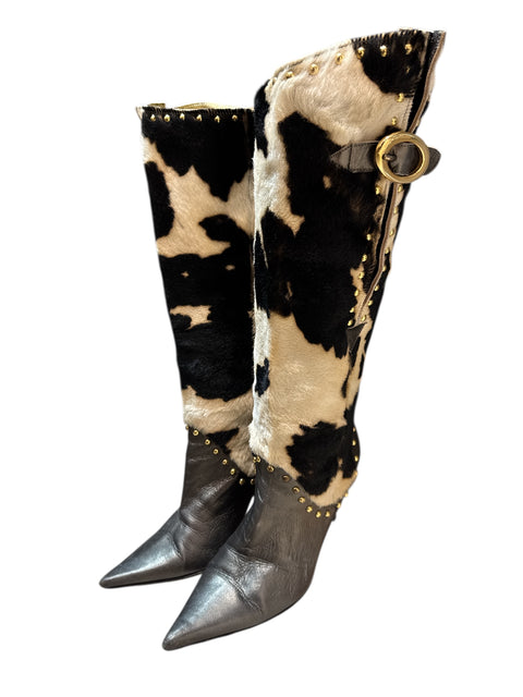 Dolce & Gabbana Brown Leather with Cow Print Fur Boots