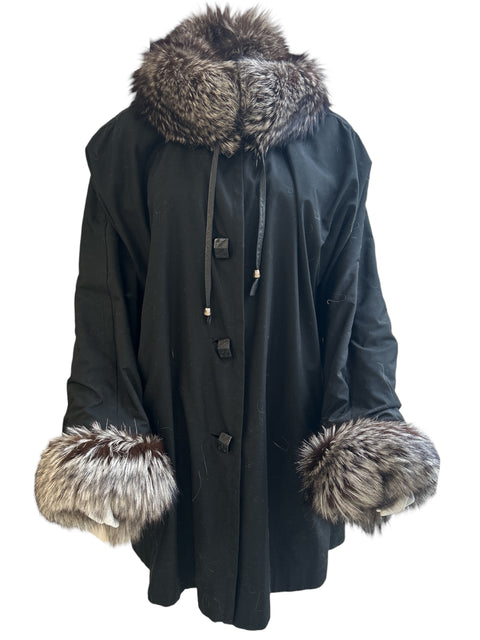 Black Coat with Fox Fur Collar and Sleeves