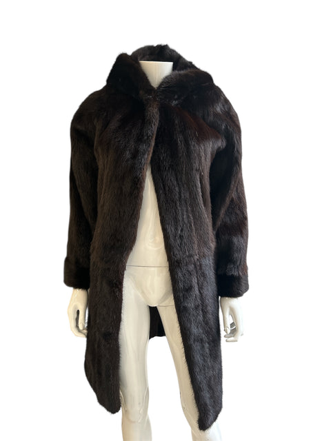 Mink Long Brown Fur Coat with Hood