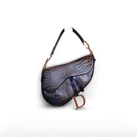 Dior Saddle Olive-Brown Crocodile Embossed