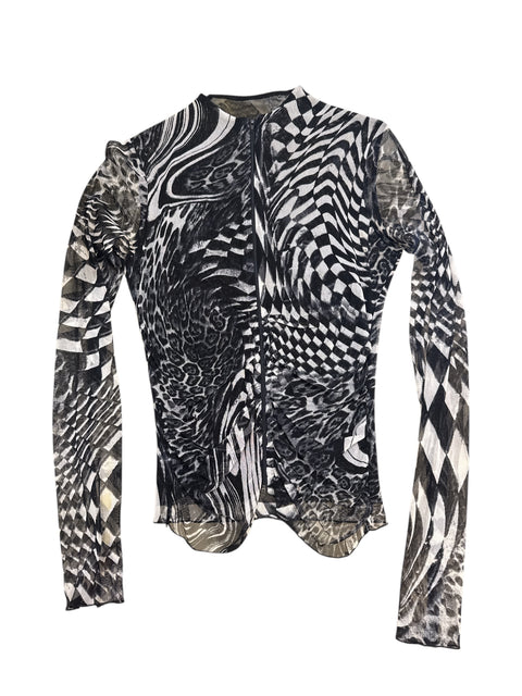 Vintage Black&White Print Mesh Shirt
