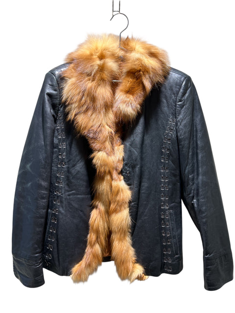 Vintage Black Leather Orange Fur Jacket