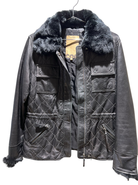 Conbipel Black Leather Rabbit Fur Collar Jacket