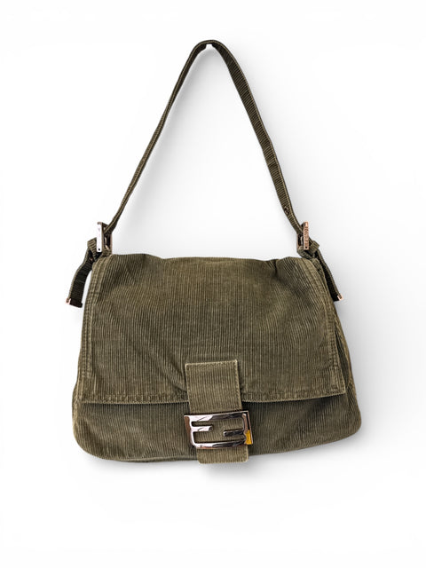Fendi Mamma Baguette Green Corduroy Shoulder Bag