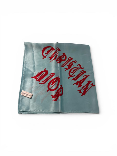 Dior Blue Silk Scarf with Red Gothic Logo Print