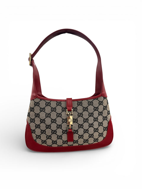 Gucci Jackie Red Leather Trim Brown GG Canvas Shoulder Bag