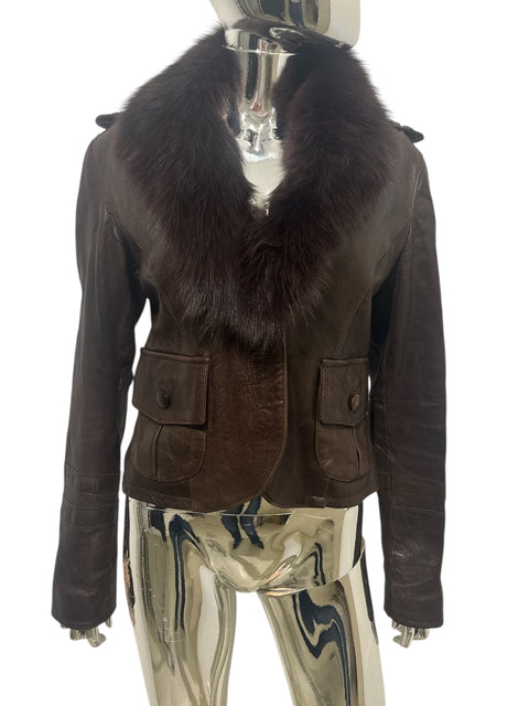 Leather Brown Fur Collar Fitted Jacket