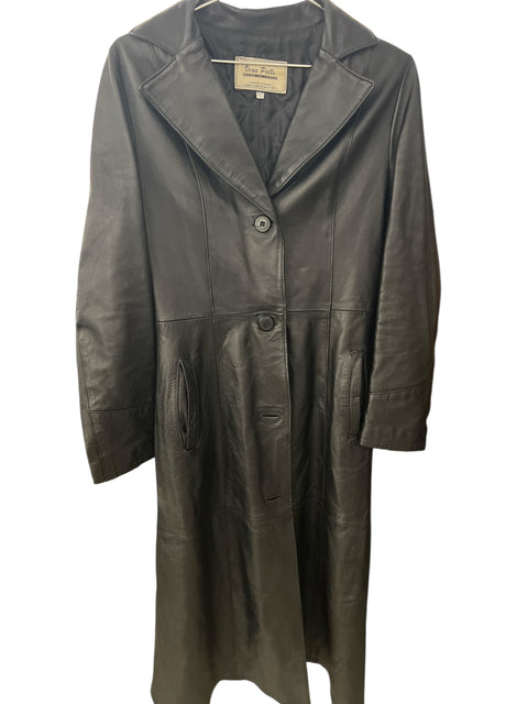 Vintage Black Leather Long Coat with Big Collar